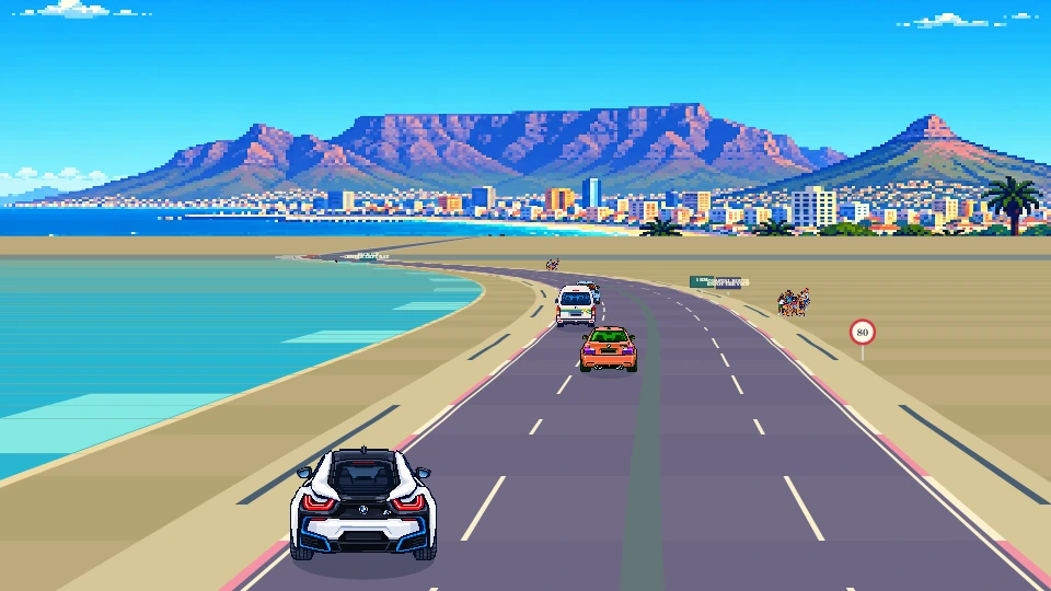 Cape Run gameplay: the white i8 driving along the Cape coast