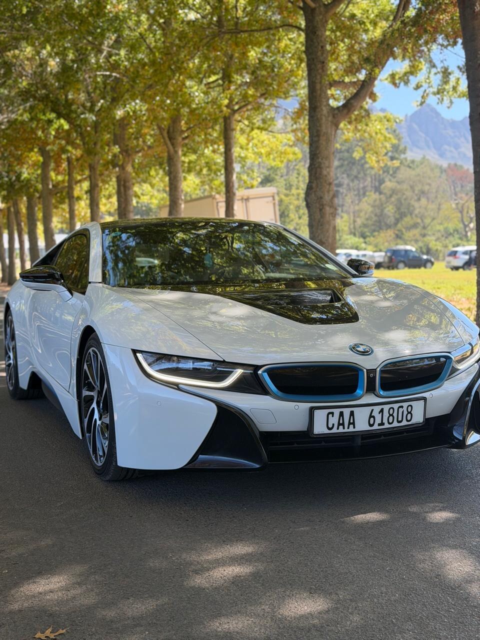 Front view of the Daly Driven BMW i8 beneath trees