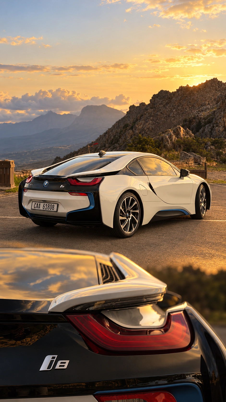 Two sunset views of the white Daly Driven BMW i8: the full car at a mountain lookout and a close-up of its rear light